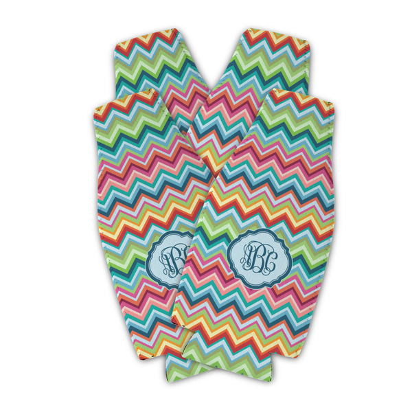 Custom Retro Chevron Monogram Zipper Bottle Cooler - Set of 4