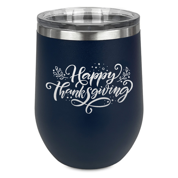 Custom Thanksgiving Stemless Stainless Steel Wine Tumbler - Navy - Double Sided