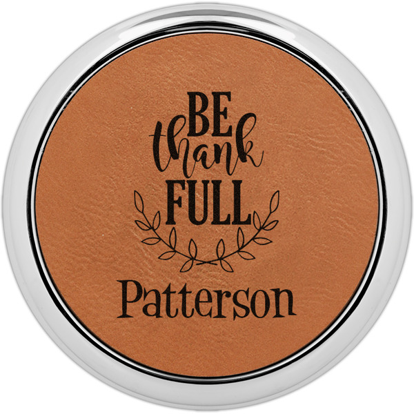 Custom Traditional Thanksgiving Set of 4 Leatherette Round Coasters w/ Silver Edge (Personalized)