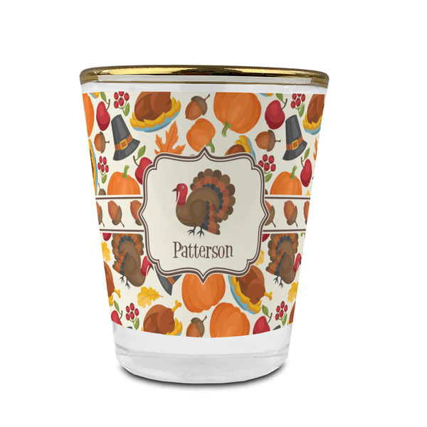 Custom Traditional Thanksgiving Glass Shot Glass - 1.5 oz - with Gold Rim - Single (Personalized)