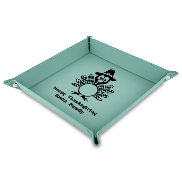 Custom Happy Thanksgiving 9" x 9" Teal Faux Leather Valet Tray (Personalized)