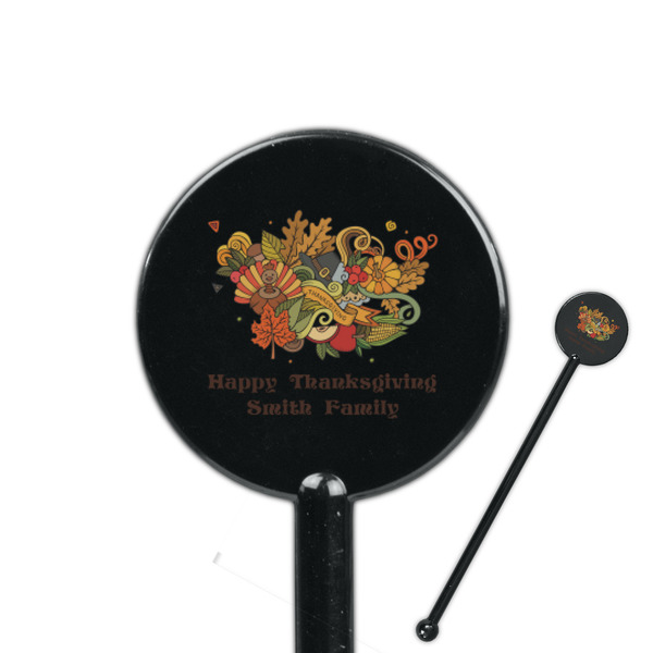 Custom Happy Thanksgiving 5.5" Round Plastic Stir Sticks - Black - Double Sided (Personalized)