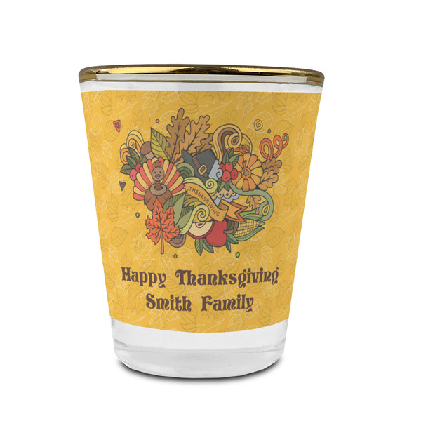 Custom Happy Thanksgiving Glass Shot Glass - 1.5 oz - with Gold Rim - Single (Personalized)