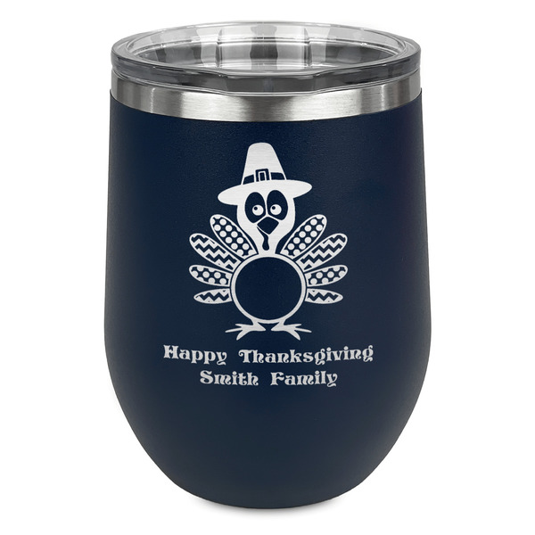 Custom Happy Thanksgiving Stemless Stainless Steel Wine Tumbler - Navy - Double Sided (Personalized)