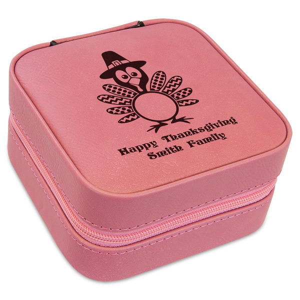 Custom Happy Thanksgiving Travel Jewelry Boxes - Pink Leather (Personalized)