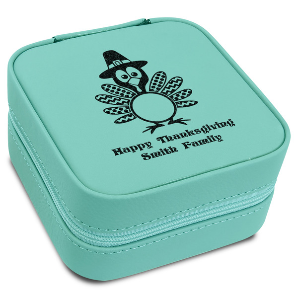 Custom Happy Thanksgiving Travel Jewelry Box - Teal Leather (Personalized)