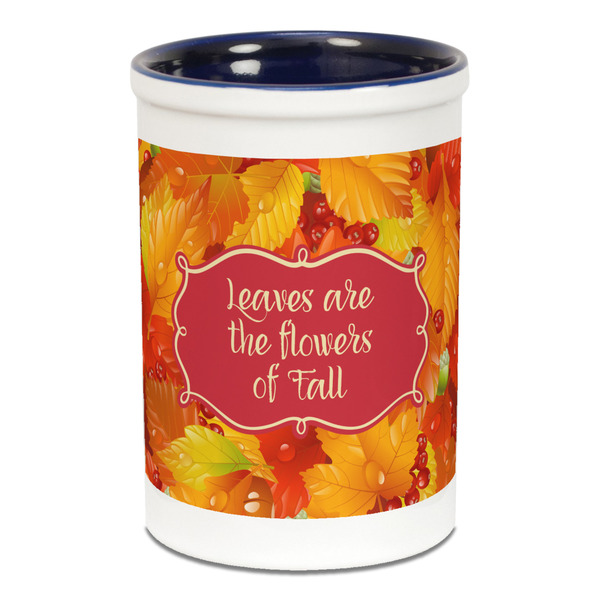 Custom Fall Leaves Ceramic Pencil Holders - Blue