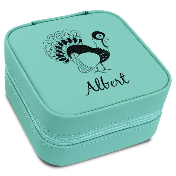 Custom Old Fashioned Thanksgiving Travel Jewelry Box - Teal Leather (Personalized)