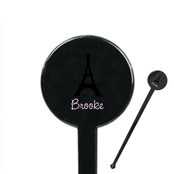 Custom Black Eiffel Tower 7" Round Plastic Stir Sticks - Black - Single Sided (Personalized)