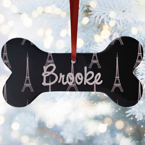 Custom Black Eiffel Tower Ceramic Dog Ornament w/ Name or Text