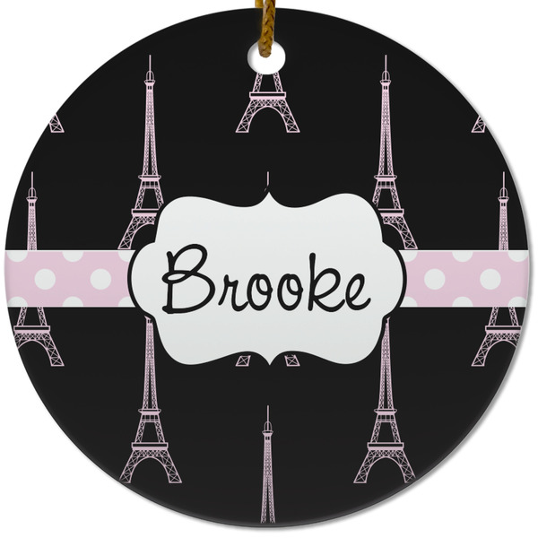 Custom Black Eiffel Tower Round Ceramic Ornament w/ Name or Text