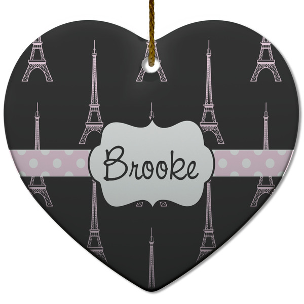 Custom Black Eiffel Tower Heart Ceramic Ornament w/ Name or Text