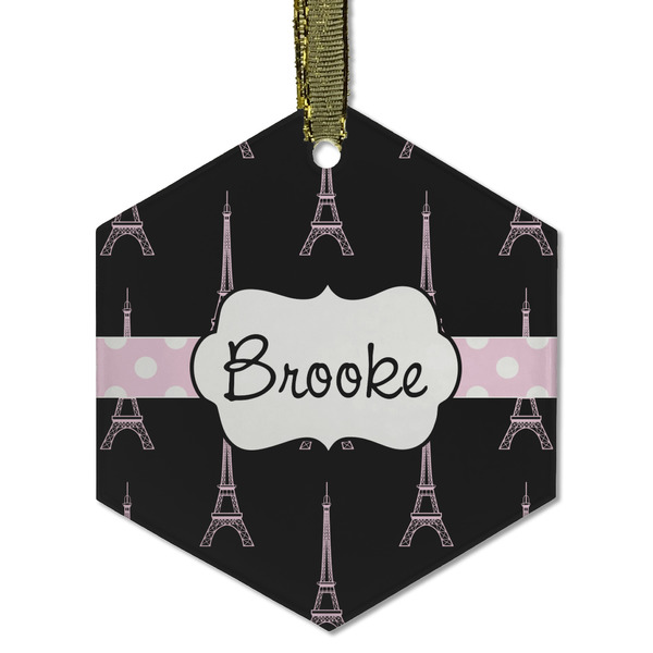 Custom Black Eiffel Tower Flat Glass Ornament - Hexagon w/ Name or Text