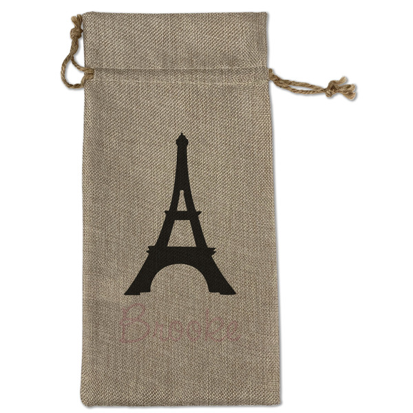 Custom Black Eiffel Tower Large Burlap Gift Bag - Front (Personalized)