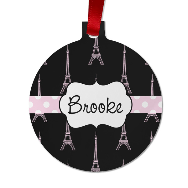 Custom Black Eiffel Tower Metal Ball Ornament - Double Sided w/ Name or Text