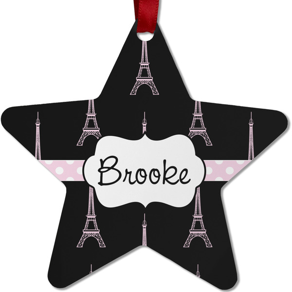 Custom Black Eiffel Tower Metal Star Ornament - Double Sided w/ Name or Text