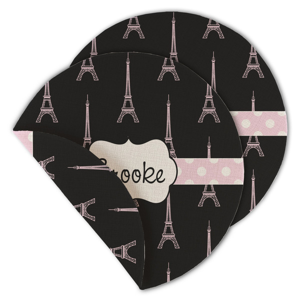 Custom Black Eiffel Tower Round Linen Placemat - Double Sided - Set of 4 (Personalized)