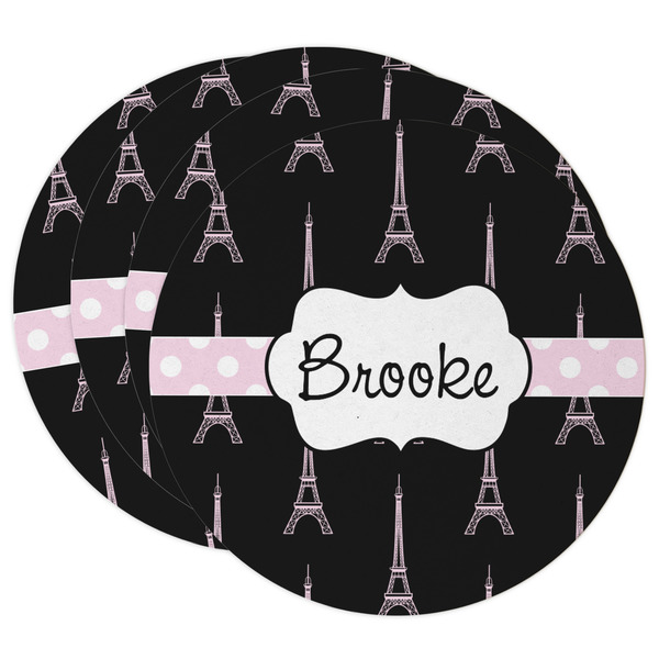 Custom Black Eiffel Tower Round Paper Coasters w/ Name or Text