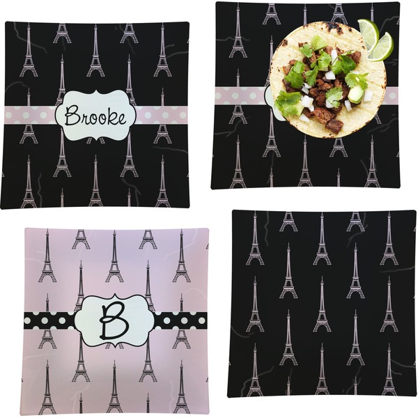 Custom Black Eiffel Tower Set of 4 Glass Square Lunch / Dinner Plate 9.5" (Personalized)