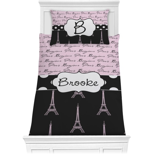 Custom Paris Bonjour and Eiffel Tower Comforter Set - Twin (Personalized)