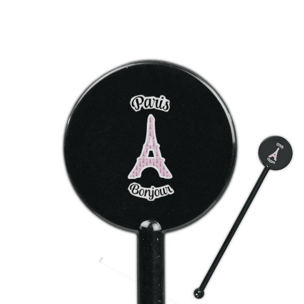Custom Paris Bonjour and Eiffel Tower 5.5" Round Plastic Stir Sticks - Black - Double Sided (Personalized)