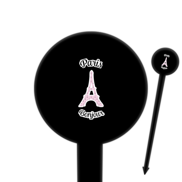 Custom Paris Bonjour and Eiffel Tower 6" Round Plastic Food Picks - Black - Single Sided (Personalized)