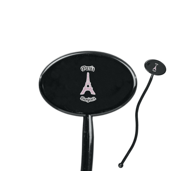 Custom Paris Bonjour and Eiffel Tower 7" Oval Plastic Stir Sticks - Black - Double Sided (Personalized)