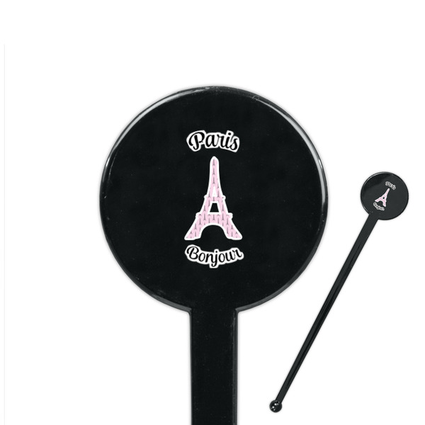 Custom Paris Bonjour and Eiffel Tower 7" Round Plastic Stir Sticks - Black - Single Sided (Personalized)