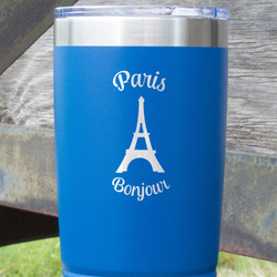 Paris Bonjour and Eiffel Tower 20 oz Stainless Steel Tumbler - Royal Blue - Double Sided (Personalized)