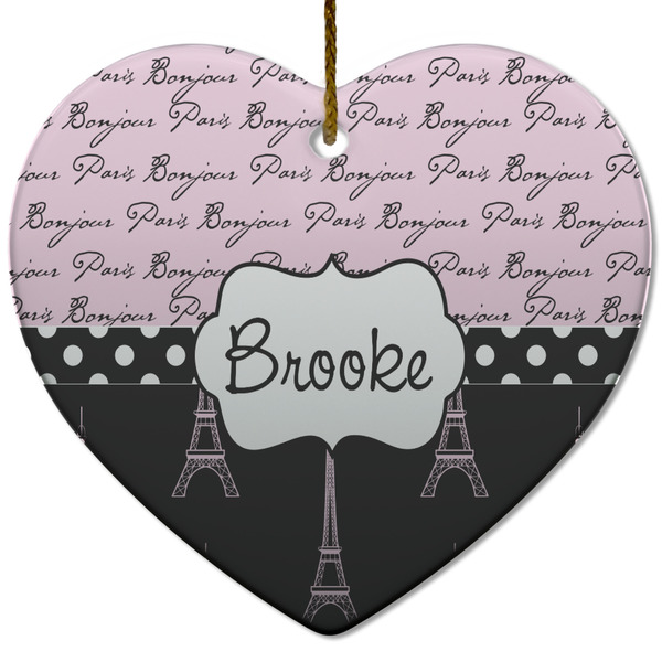 Custom Paris Bonjour and Eiffel Tower Heart Ceramic Ornament w/ Name or Text