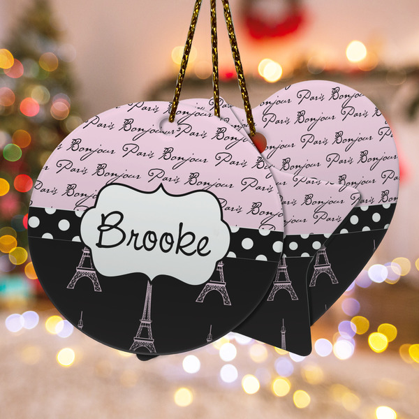 Custom Paris Bonjour and Eiffel Tower Ceramic Ornament w/ Name or Text