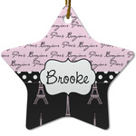 Paris Bonjour and Eiffel Tower Star Ceramic Ornament w/ Name or Text