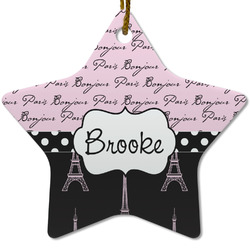 Paris Bonjour and Eiffel Tower Star Ceramic Ornament w/ Name or Text