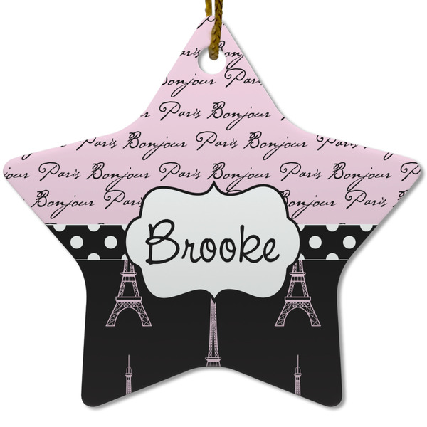 Custom Paris Bonjour and Eiffel Tower Star Ceramic Ornament w/ Name or Text