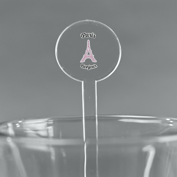 Custom Paris Bonjour and Eiffel Tower 7" Round Plastic Stir Sticks - Clear (Personalized)