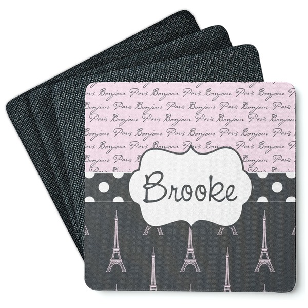 Custom Paris Bonjour and Eiffel Tower Square Rubber Backed Coasters - Set of 4 (Personalized)