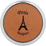 Paris Bonjour and Eiffel Tower Set of 4 Leatherette Round Coasters w/ Silver Edge (Personalized)