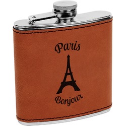 Paris Bonjour and Eiffel Tower Leatherette Wrapped Stainless Steel Flask (Personalized)