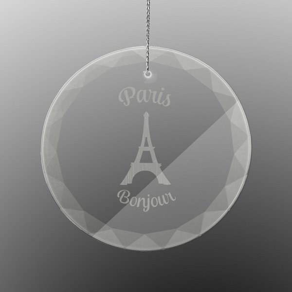 Custom Paris Bonjour and Eiffel Tower Engraved Glass Ornament - Round (Personalized)