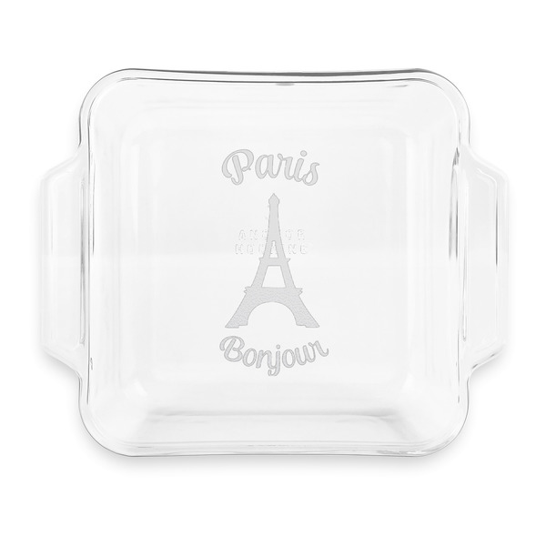 Custom Paris Bonjour and Eiffel Tower Glass Cake Dish with Truefit Lid - 8in x 8in (Personalized)