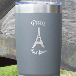 Paris Bonjour and Eiffel Tower 20 oz Stainless Steel Tumbler - Grey - Double Sided (Personalized)