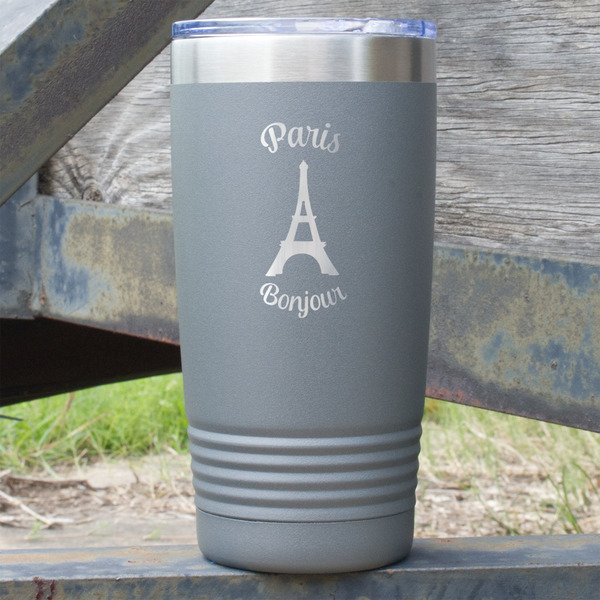 Custom Paris Bonjour and Eiffel Tower 20 oz Stainless Steel Tumbler - Grey - Double Sided (Personalized)