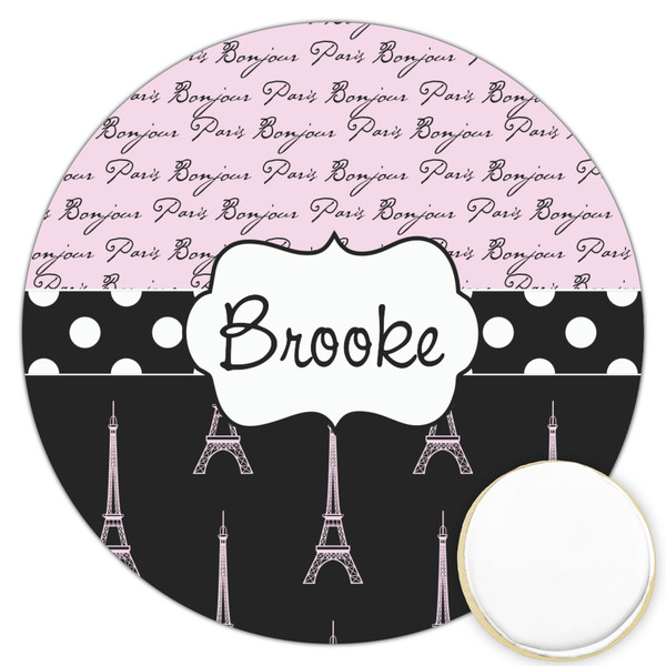 Custom Paris Bonjour and Eiffel Tower Printed Cookie Topper - 3.25" (Personalized)