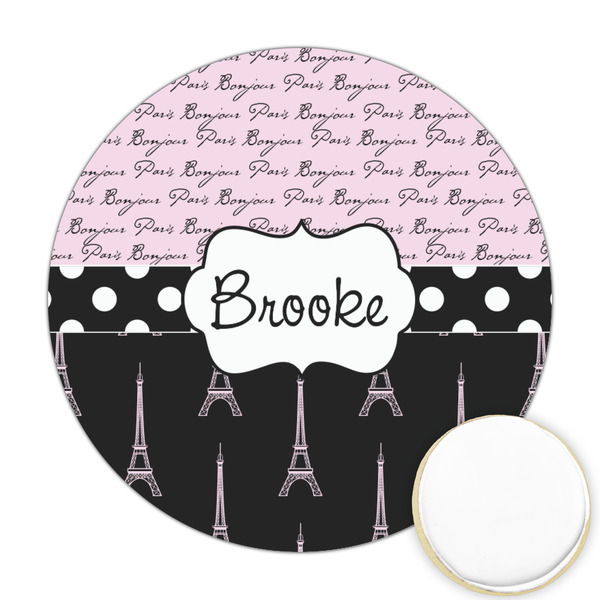 Custom Paris Bonjour and Eiffel Tower Printed Cookie Topper - 2.5" (Personalized)