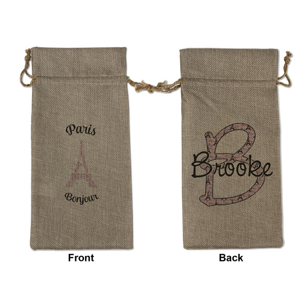 Custom Paris Bonjour and Eiffel Tower Large Burlap Gift Bag - Front & Back (Personalized)