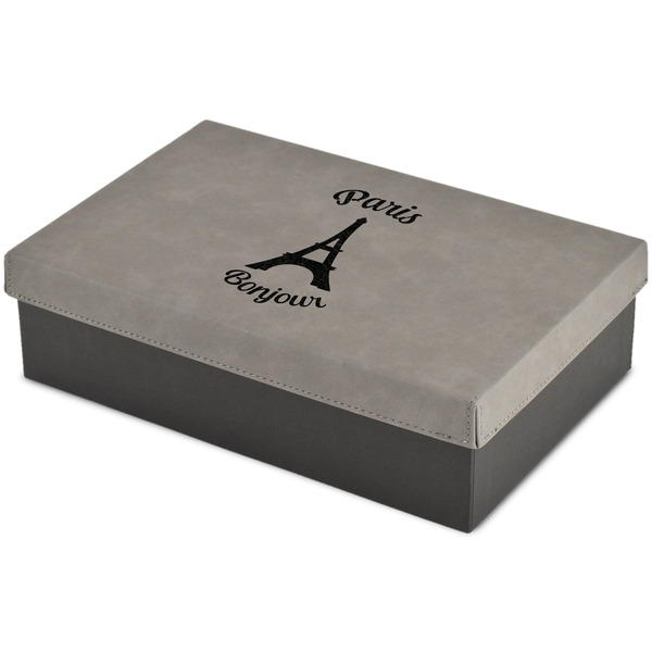 Custom Paris Bonjour and Eiffel Tower Large Gift Box w/ Engraved Leather Lid (Personalized)