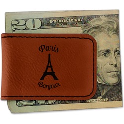 Paris Bonjour and Eiffel Tower Leatherette Magnetic Money Clip - Single Sided (Personalized)