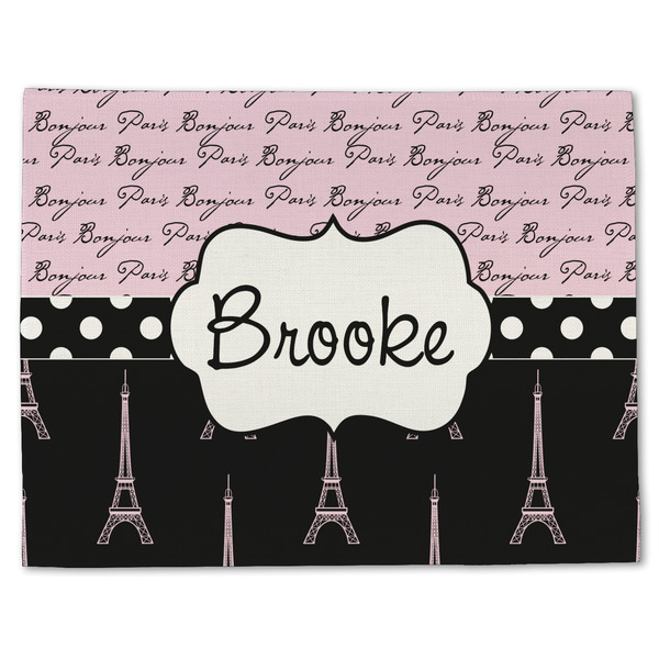 Custom Paris Bonjour and Eiffel Tower Single-Sided Linen Placemat - Single w/ Name or Text