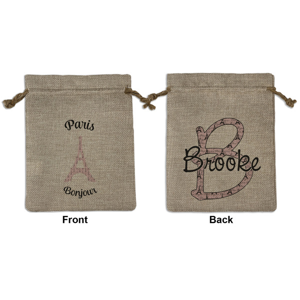 Custom Paris Bonjour and Eiffel Tower Medium Burlap Gift Bag - Front & Back (Personalized)