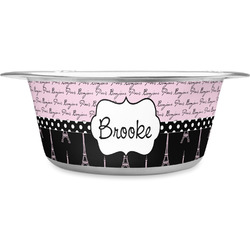 Paris Bonjour and Eiffel Tower Stainless Steel Dog Bowl - Large (Personalized)